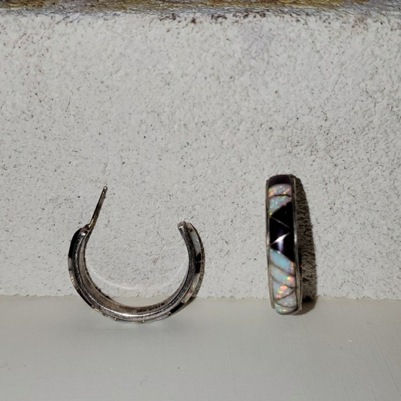 Opal Silver Enamel Hoop Earrings - Picture 1 of 4